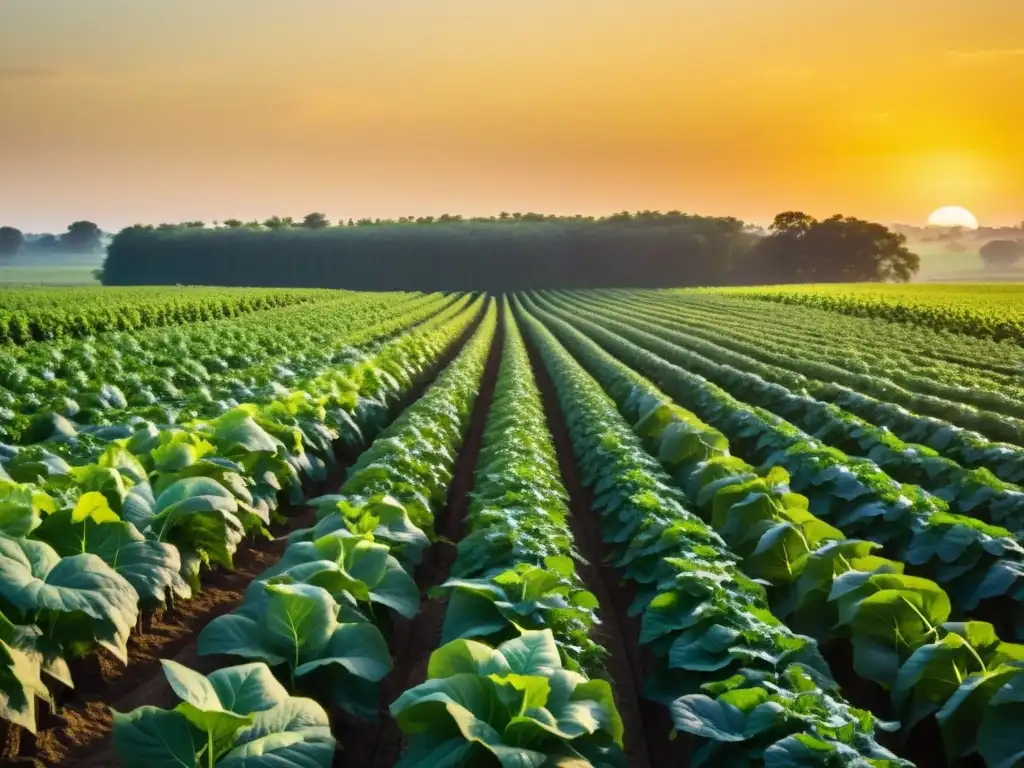 Un campo verde exuberante de cultivos orgánicos, bañado por el sol con beneficios de biofertilizantes en la agricultura orgánica