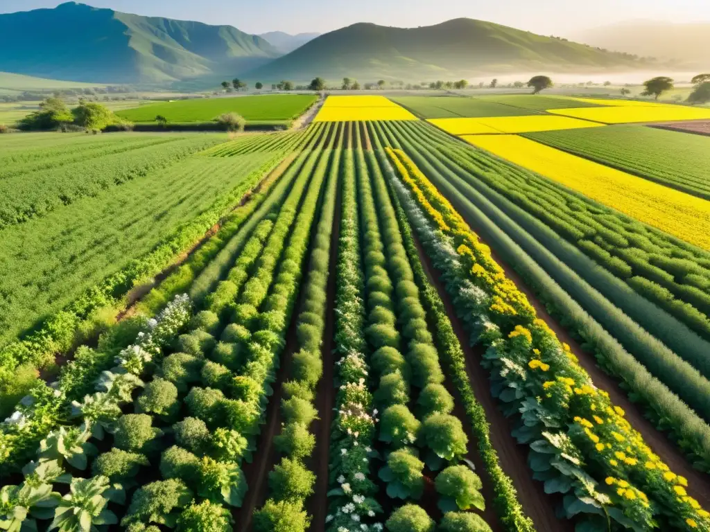 Campo verde exuberante con cultivos y ganado, integrando ganadería sostenible en cultivos orgánicos