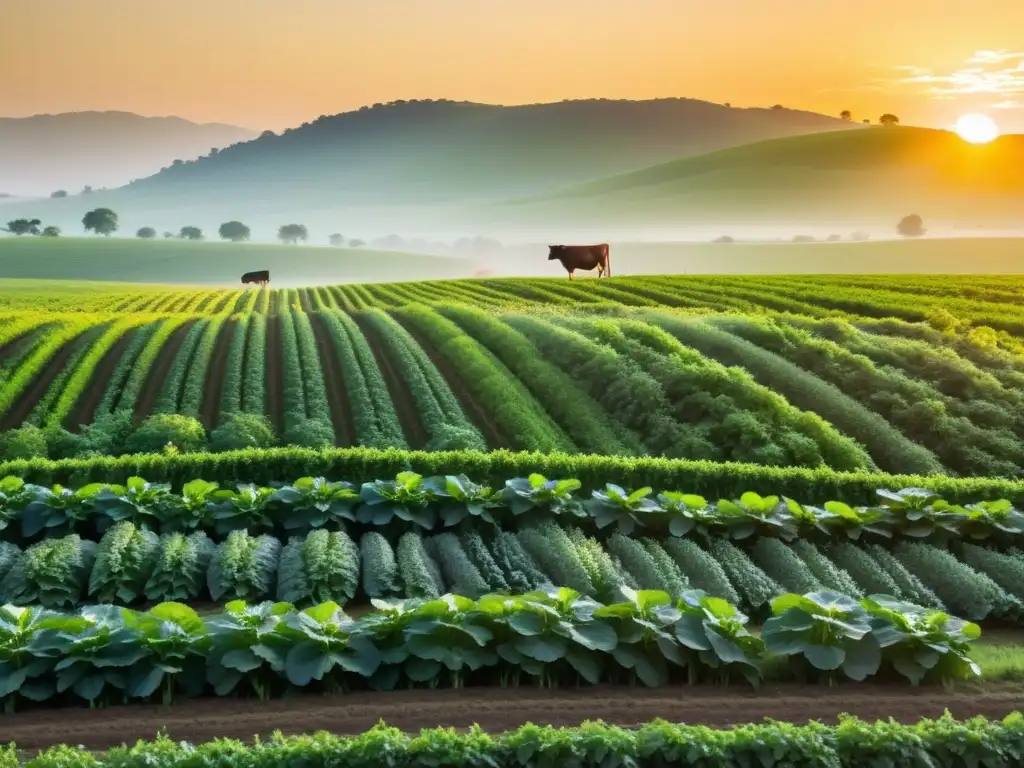 Un campo verde exuberante con cultivos orgánicos y ganado pastando libremente, integrando ganadería sostenible en cultivos orgánicos