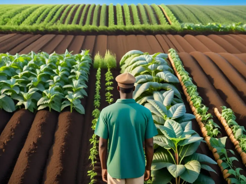 Un campo verde exuberante de cultivos orgánicos bajo un cielo azul claro, bañado por el cálido resplandor dorado del sol