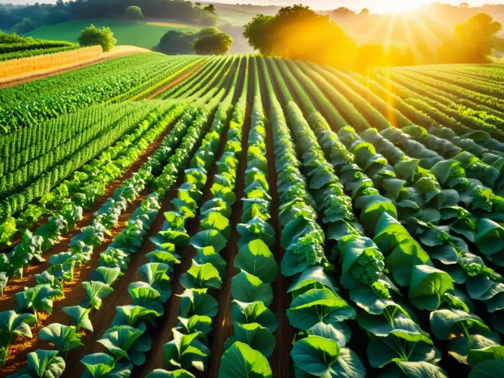 Un campo verde exuberante de cultivos orgánicos bañado por la cálida luz del sol