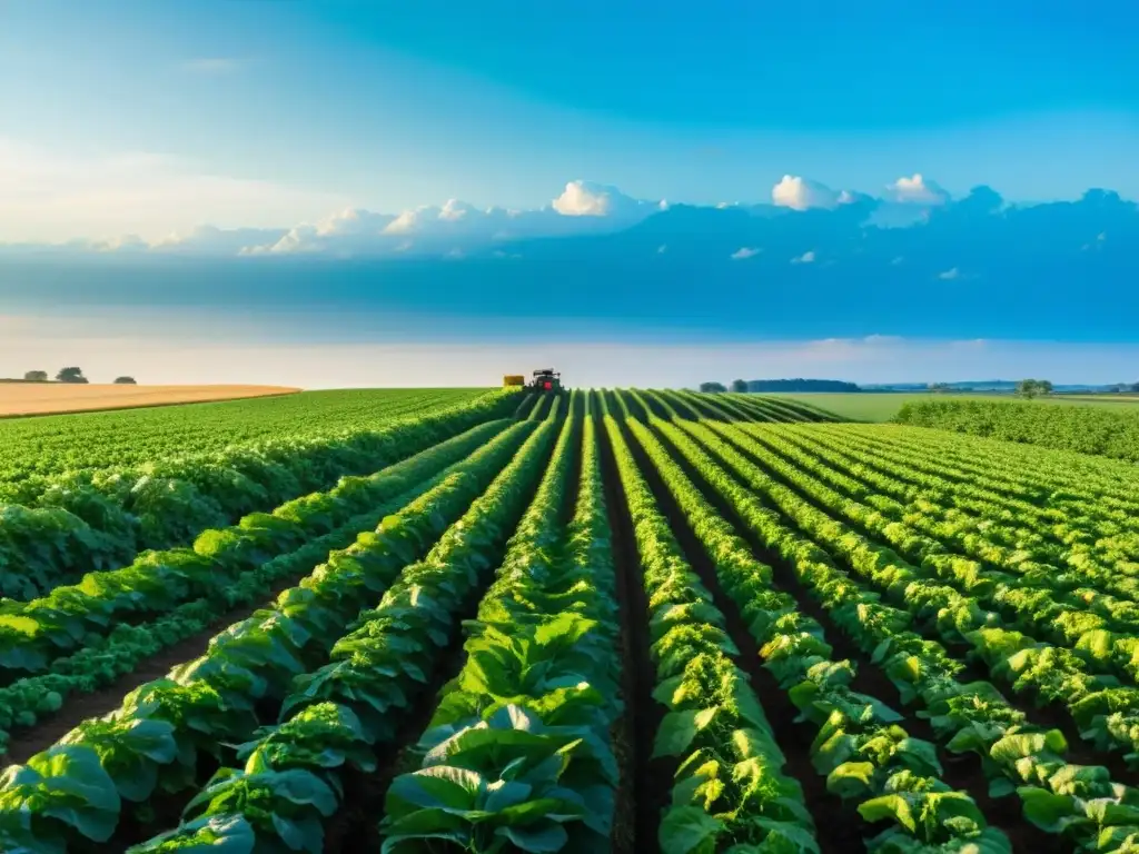 Un campo verde exuberante con cultivos ordenados bajo un cielo azul brillante