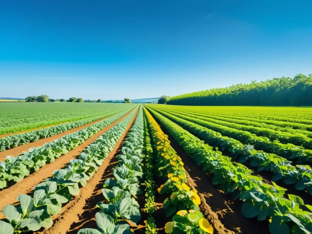 Un campo verde y exuberante con cultivos ordenados bajo un cielo azul claro