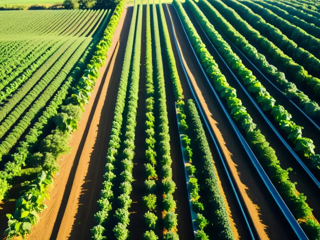 Un campo verde exuberante de cultivos orgánicos se extiende hasta el horizonte, con hileras ordenadas de verduras y árboles frutales