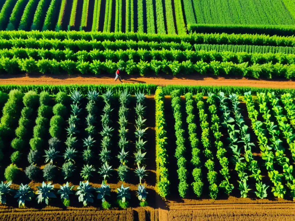 Un campo verde exuberante con cultivos diversos, bañado por la luz del sol