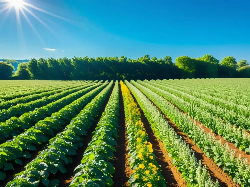 Un campo verde exuberante con cultivos vibrantes y saludables bajo un cielo azul claro