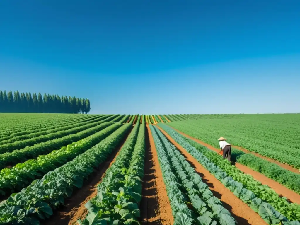 Un campo verde exuberante con cultivos vibrantes y un agricultor dedicado, reflejando la transición a la agricultura orgánica sostenible