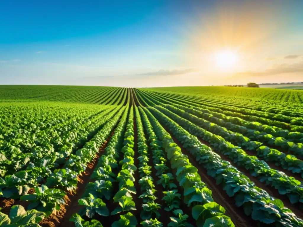 Un campo verde exuberante con cultivos vibrantes, bañado por el sol y la sensación de abundancia