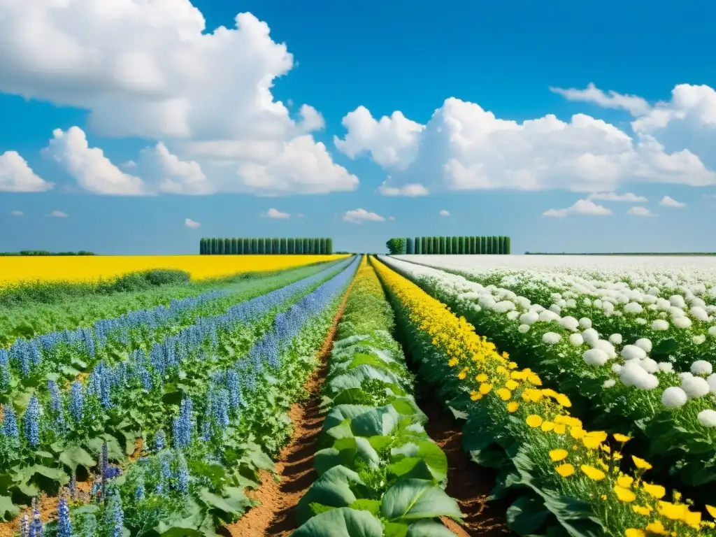 Un campo verde exuberante dividido en dos mitades, una con cultivos transgénicos y la otra con cultivos orgánicos, separados por flores silvestres