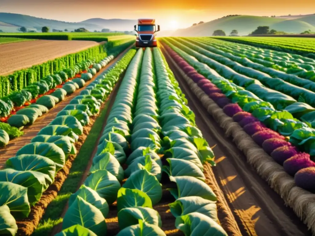 Campo verde exuberante con hileras de vegetales orgánicos