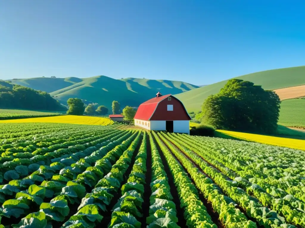 Un campo verde exuberante con hileras de vegetales orgánicos vibrantes bajo un cielo azul