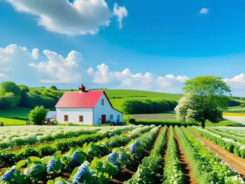 Un campo verde exuberante con hileras de frutas y verduras vibrantes bañadas por el sol