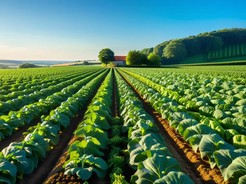 Un campo verde exuberante con hileras de vegetales vibrantes bajo el cielo azul