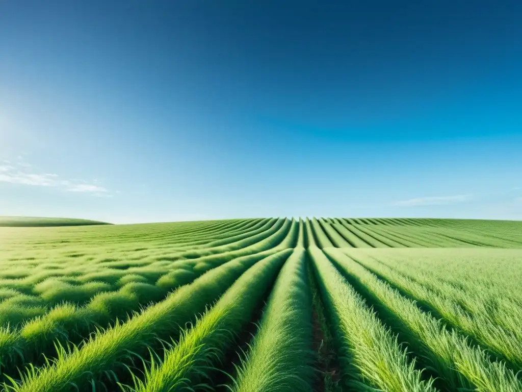 Un campo verde exuberante se extiende hacia el horizonte bajo un cielo azul claro, iluminado por el cálido sol