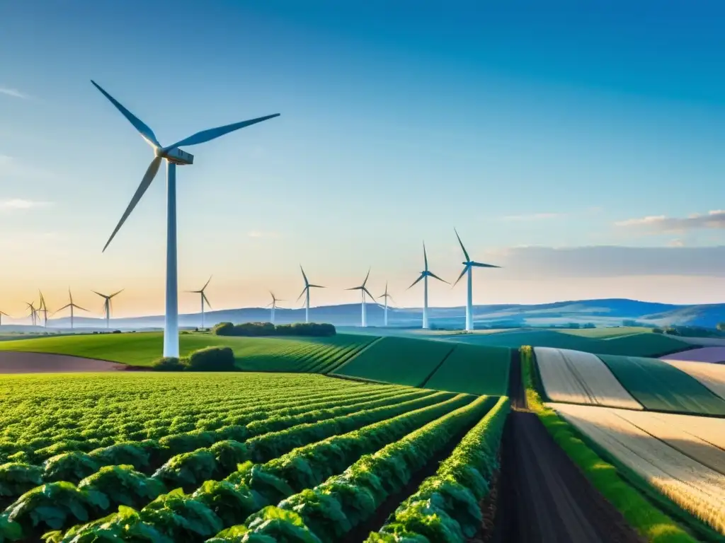 Un campo agrícola verde exuberante con un moderno aerogenerador al fondo, bajo un cielo azul claro