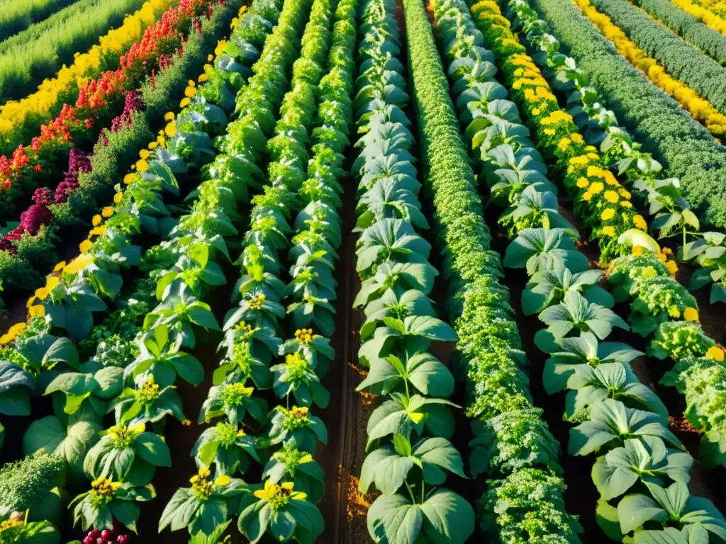 Un campo verde exuberante repleto de frutas y verduras orgánicas, bañado por la cálida luz del sol