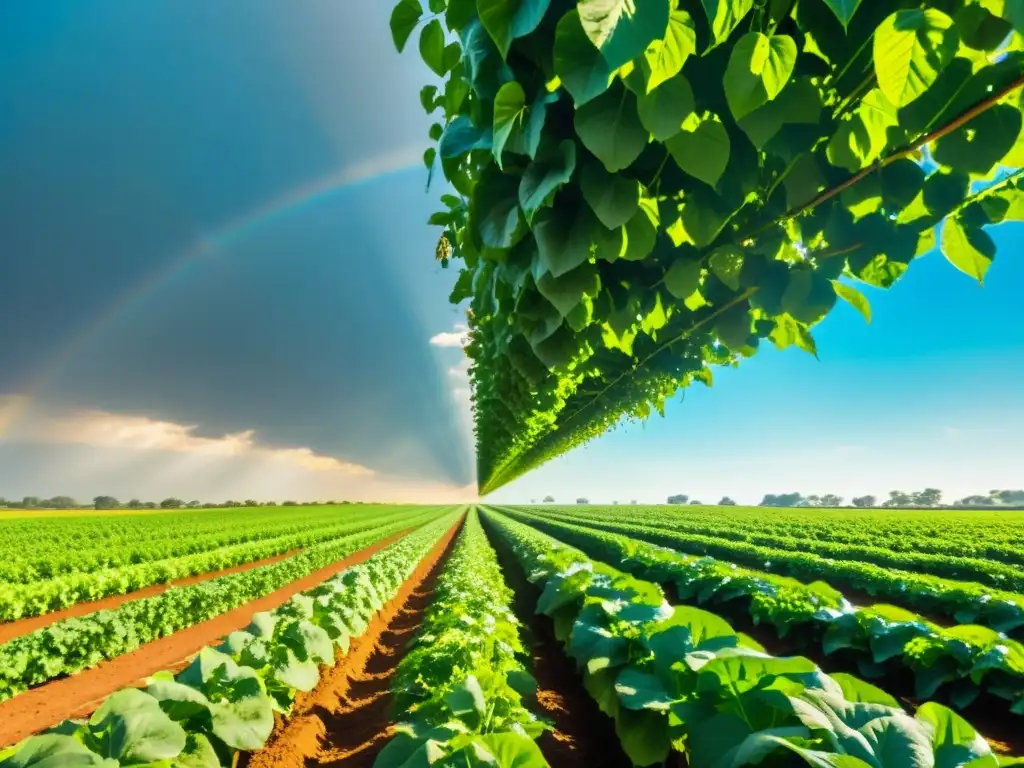 Un campo verde exuberante con sistemas de cosecha de agua, reflejando la importancia de la cosecha de agua en la agricultura sostenible