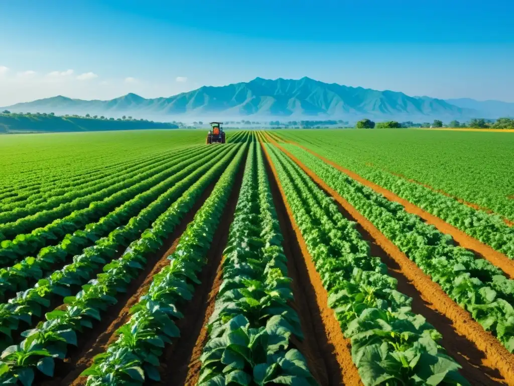 Un campo verde exuberante bajo el sol, donde un agricultor trabaja en transición a la agricultura orgánica sostenible