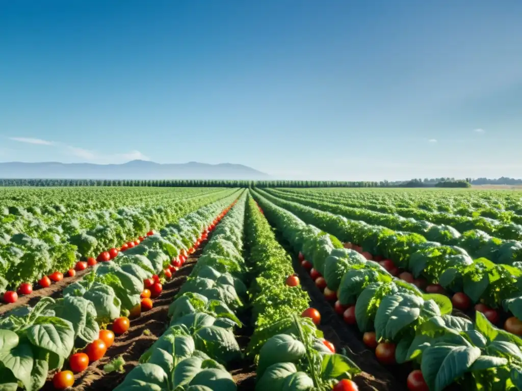 Campo verde exuberante con tomates orgánicos maduros, cosecha cuidadosa bajo cielo azul