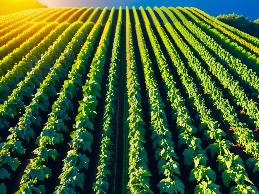 Un campo verde exuberante y vibrante de cultivos orgánicos bañado por el cálido sol, certificaciones agricultura orgánica etiquetado verde