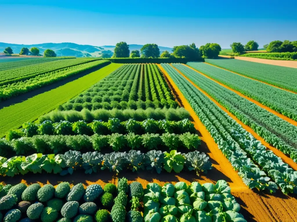 Un campo verde exuberante y vibrante con cultivos orgánicos coloridos, bañado por el sol