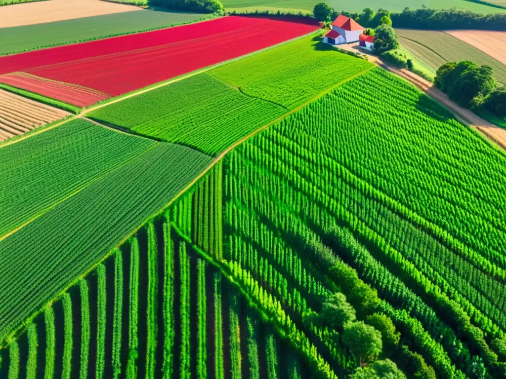 Un campo verde exuberante y vibrante con cultivos plantados en filas, bañado por la luz del sol