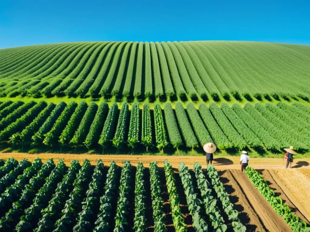 Campo verde vibrante bajo cielo azul claro, cultivos orgánicos alcanzando el sol