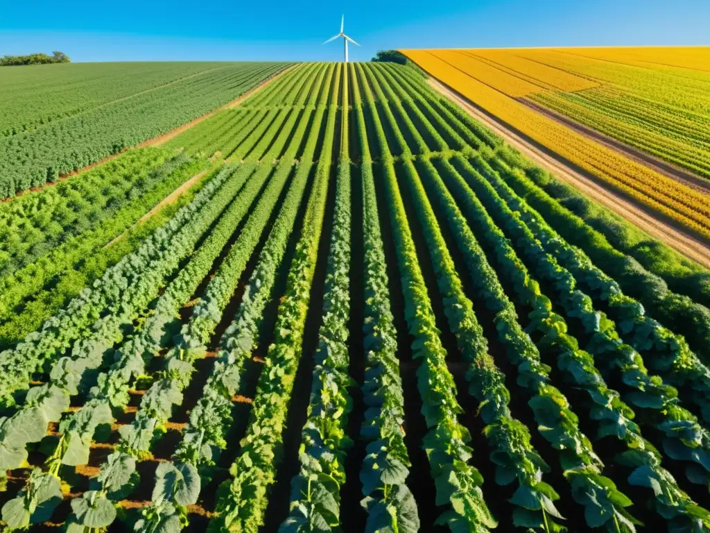 Un campo verde vibrante de cultivos orgánicos se extiende bajo un cielo azul claro, con hileras de vegetales y árboles frutales ordenados