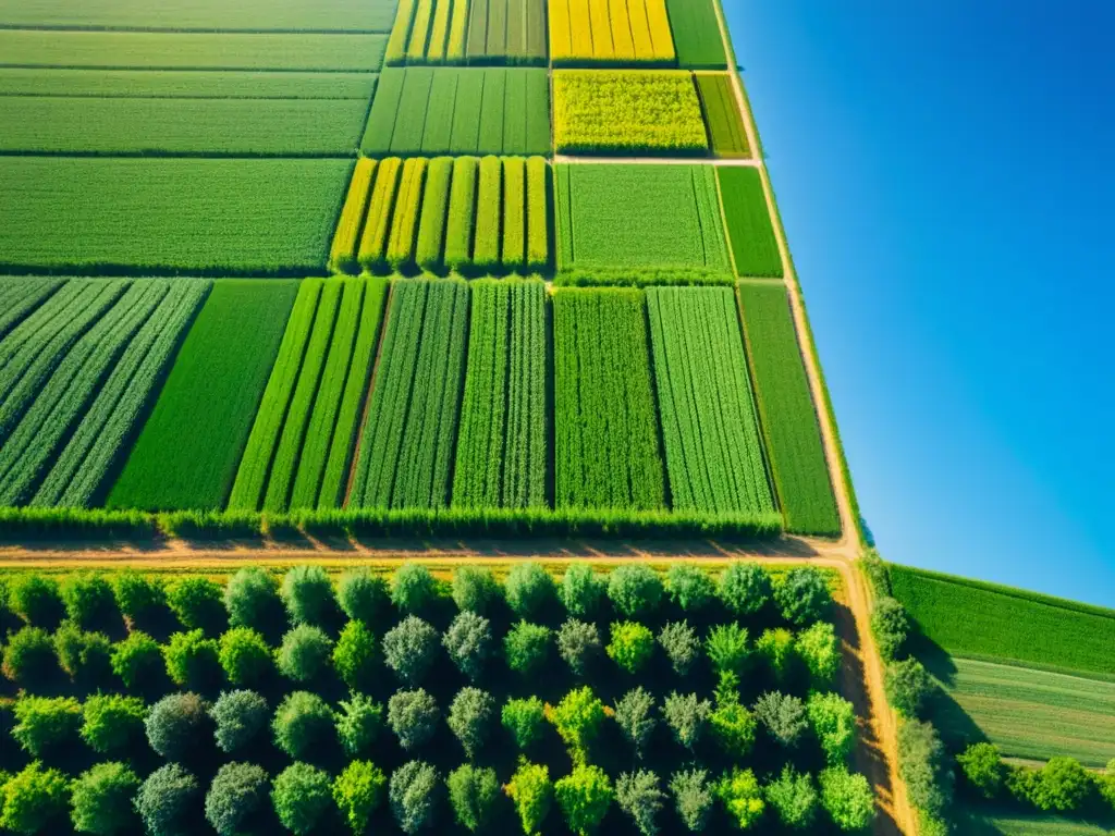 Un campo verde vibrante con cultivos orgánicos ordenados, bajo un cielo azul claro