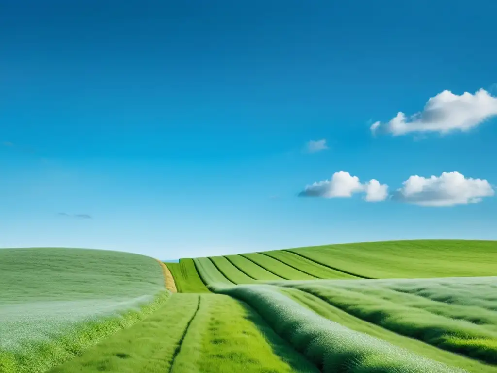 Un campo verde vibrante se extiende hasta el horizonte bajo un cielo azul claro con nubes