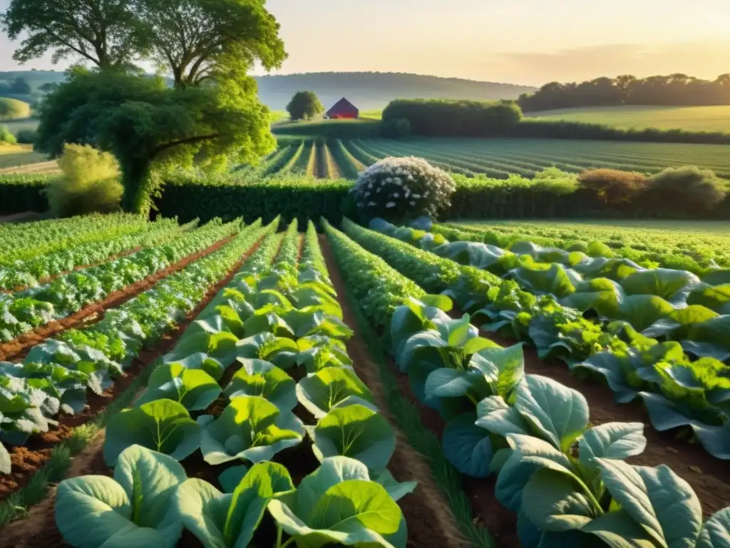 Un campo verde vibrante lleno de vegetales orgánicos con el sol iluminando la escena