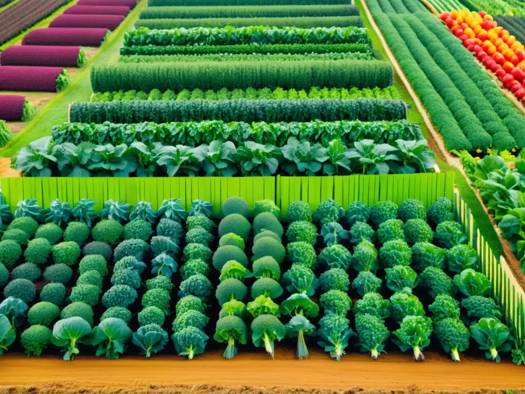 Un campo vibrante y exuberante de productos orgánicos, con filas ordenadas de frutas y verduras coloridas que brillan bajo el sol