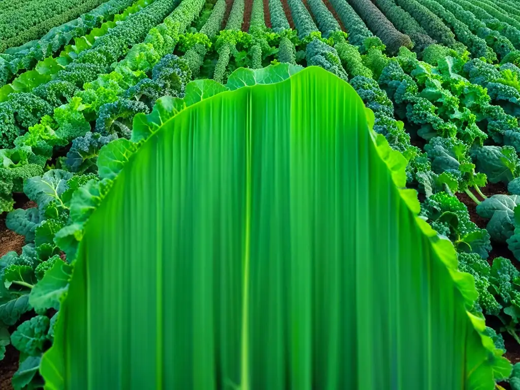 Un campo de kale orgánico, vibrante y saludable, muestra el éxito de la agricultura orgánica al maximizar la salud del suelo