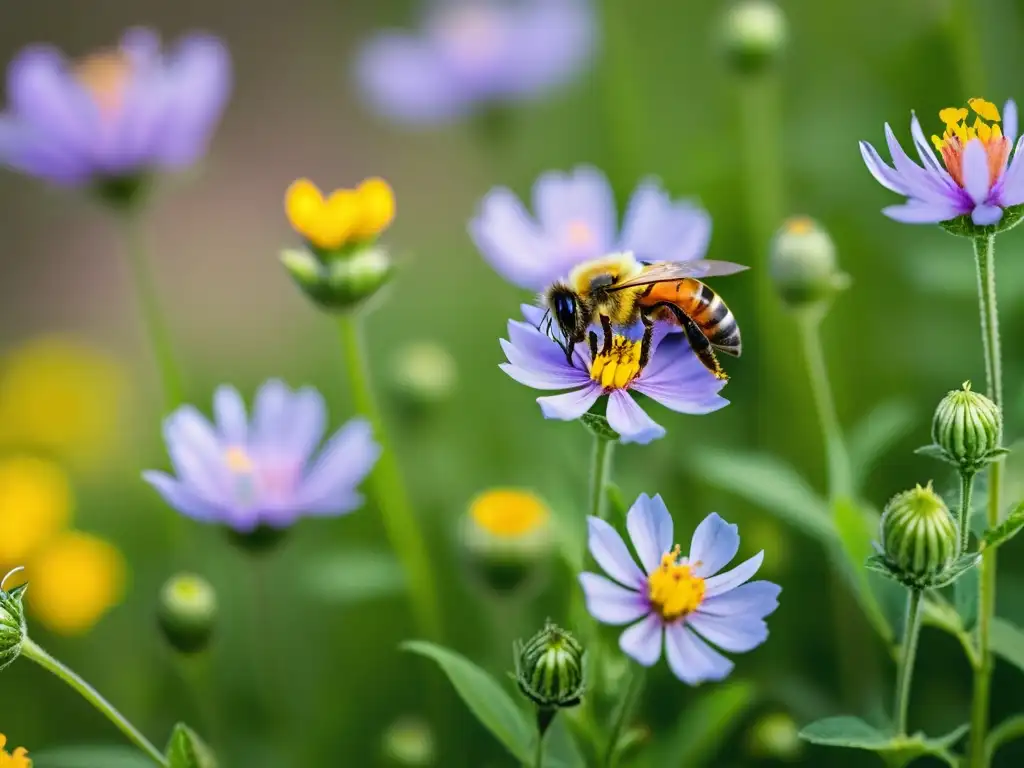 Campo de flores silvestres vibrantes con abejas cubiertas de polen