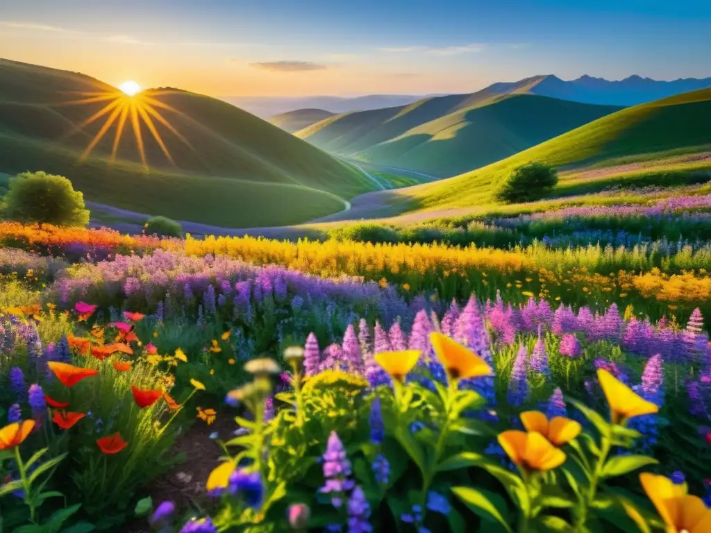 Un campo de flores silvestres vibrantes, con abejas y mariposas en un baile de luz y sombra