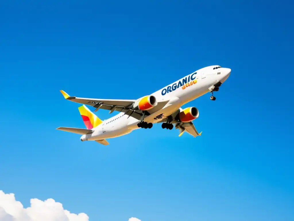 Avión de carga blanco sobrevolando cielo azul, transportando alimentos orgánicos