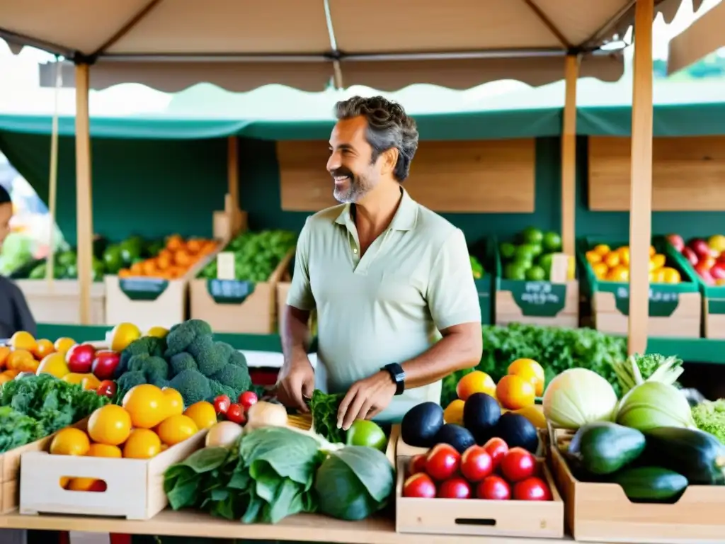 Una celebridad de impacto elige productos orgánicos en un mercado, transmitiendo autenticidad y sostenibilidad en su actitud y atuendo ecofriendly