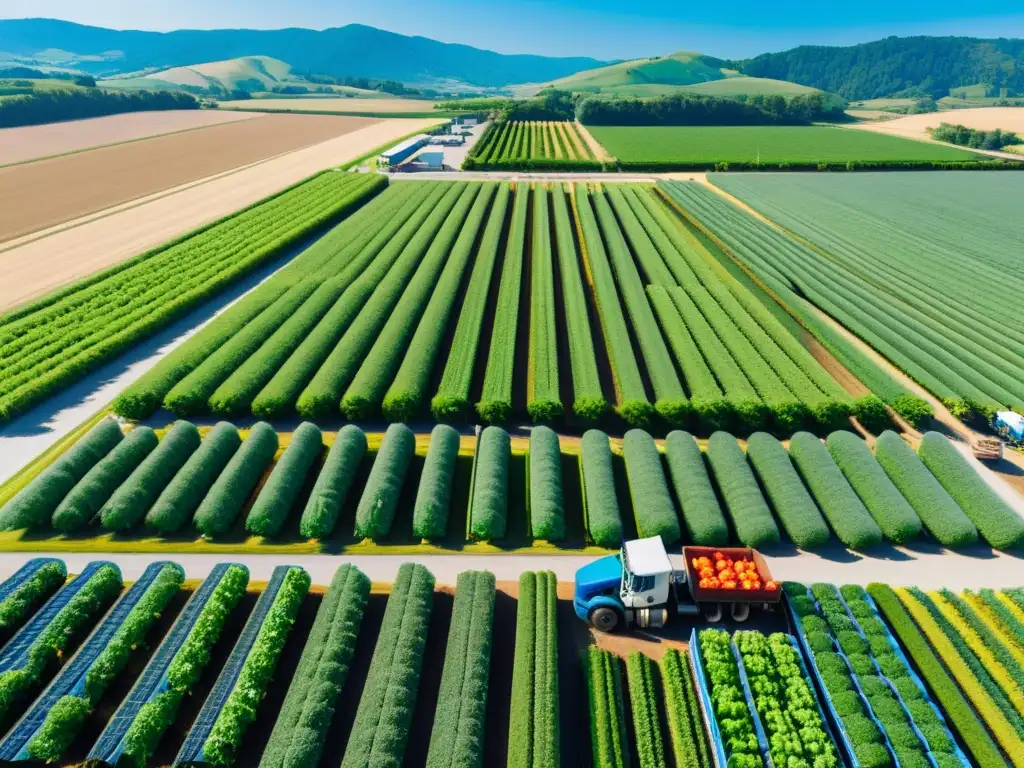 Un centro de distribución de alimentos orgánicos en plena actividad, rodeado de campos verdes y colinas