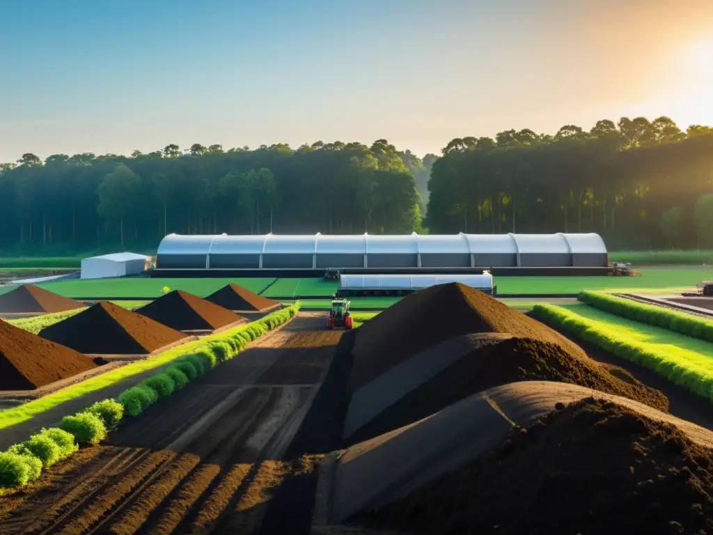 Un centro de compostaje industrial moderno, con trabajadores cuidando pilas de compostaje entre exuberante vegetación