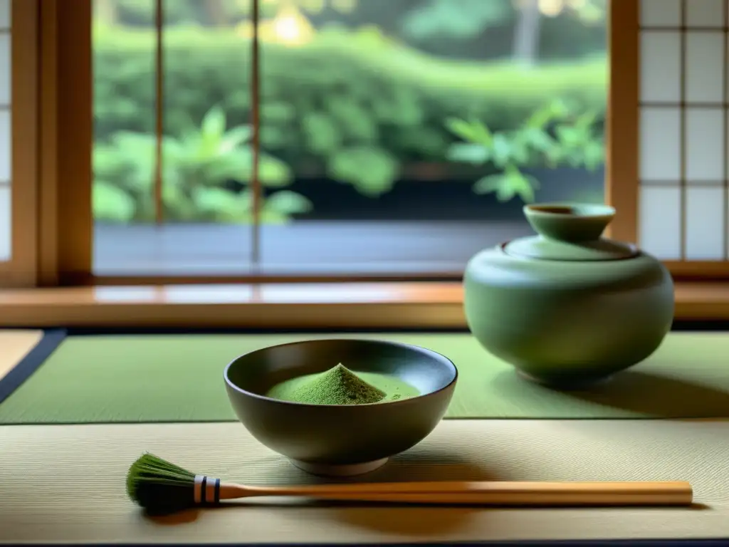 Una ceremonia del té japonesa con detalles en 8k, resaltando la serenidad y la belleza del matcha orgánico beneficios antioxidantes