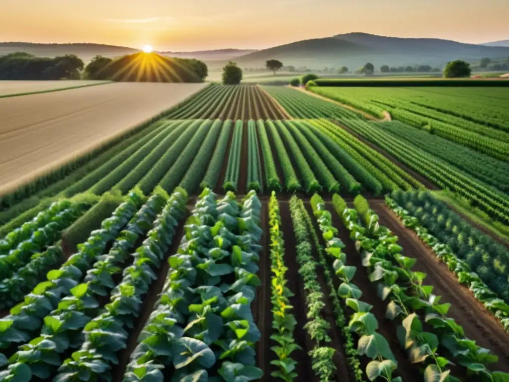 Certificaciones agricultura orgánica etiquetado verde: Atardecer dorado sobre granja ecológica, armonía y biodiversidad en cultivos