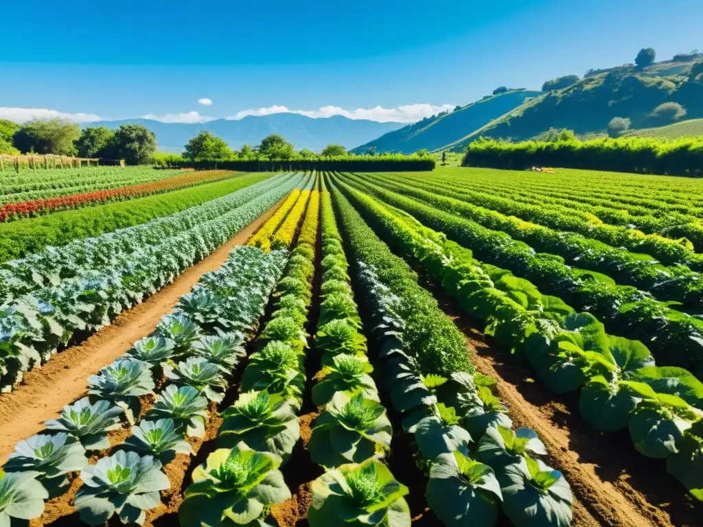 Certificaciones agricultura orgánica etiquetado verde: Hermosa granja orgánica con cultivos coloridos, sol brillante y naturaleza vibrante