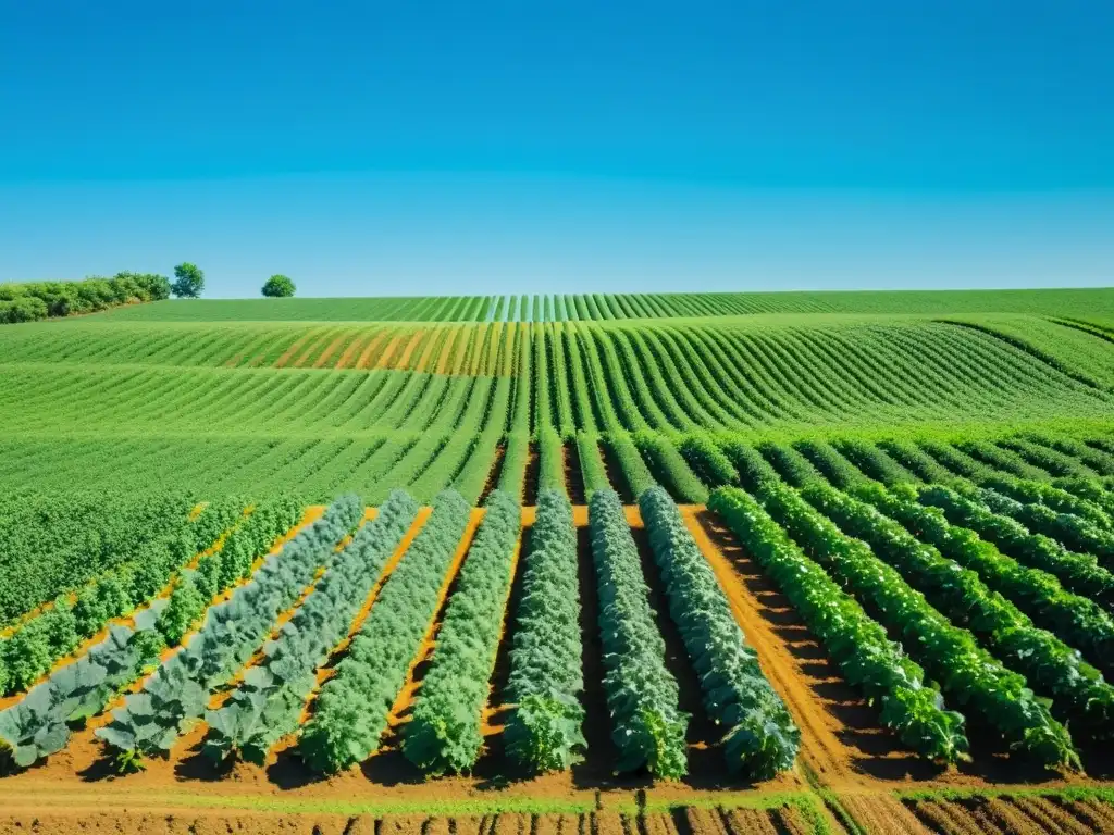 Granja orgánica: Serenidad y abundancia Certificaciones en agricultura orgánica: imagen serena de una granja orgánica con cultivos ordenados, cielo azul y abundancia de frutas y verduras