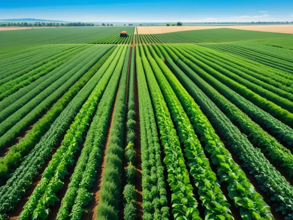 Certificado orgánico: orden y armonía en la granja bajo cielos despejados, con cultivos verdes en filas precisas