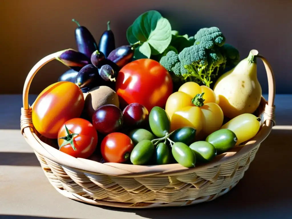 Una cesta rústica rebosante de frutas y verduras orgánicas recién recolectadas