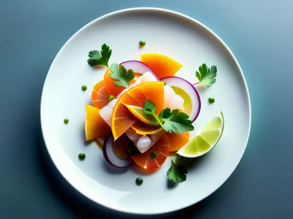 Un ceviche peruano con pescado sostenible, limón, cebolla roja y cilantro, en un plato blanco