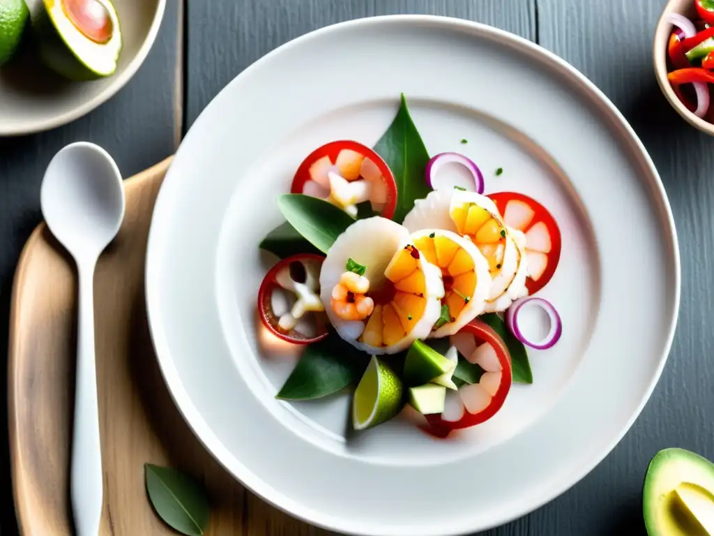 Un ceviche exquisitamente presentado con pescados y mariscos frescos en un plato blanco sobre una mesa rústica