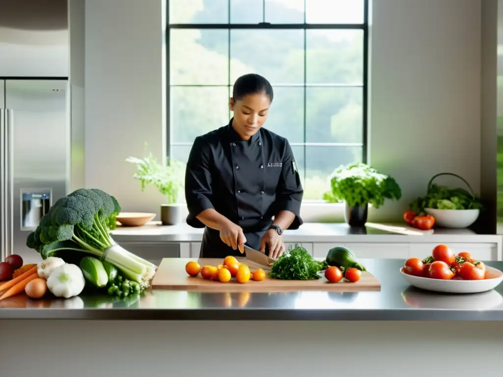 Un chef organiza alimentos orgánicos en una cocina minimalista