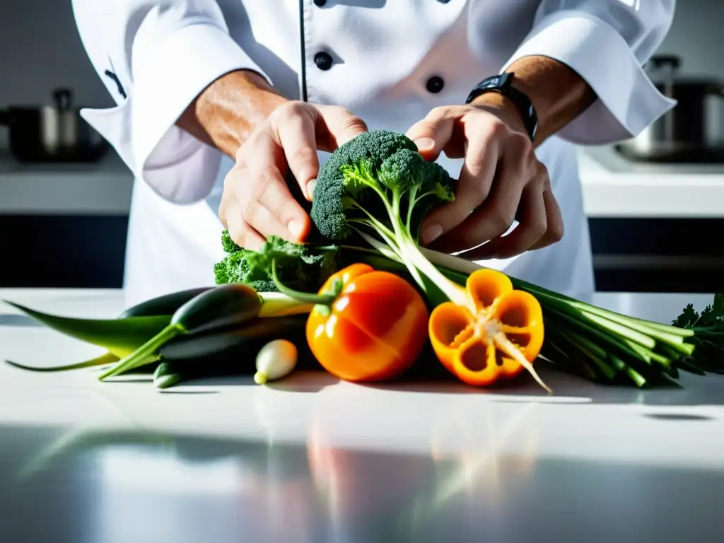 Un chef arregla delicadamente alimentos orgánicos en un elegante mostrador blanco, mostrando innovación en cocina con alimentos orgánicos