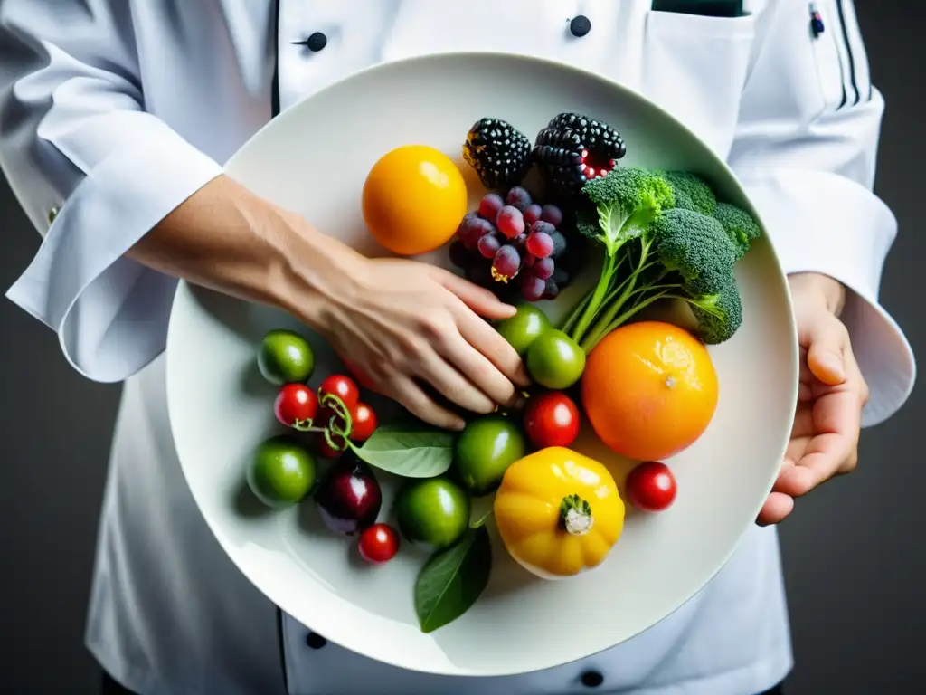 Un chef arregla con precisión alimentos orgánicos en un plato blanco, mostrando innovación en cocina con alimentos orgánicos